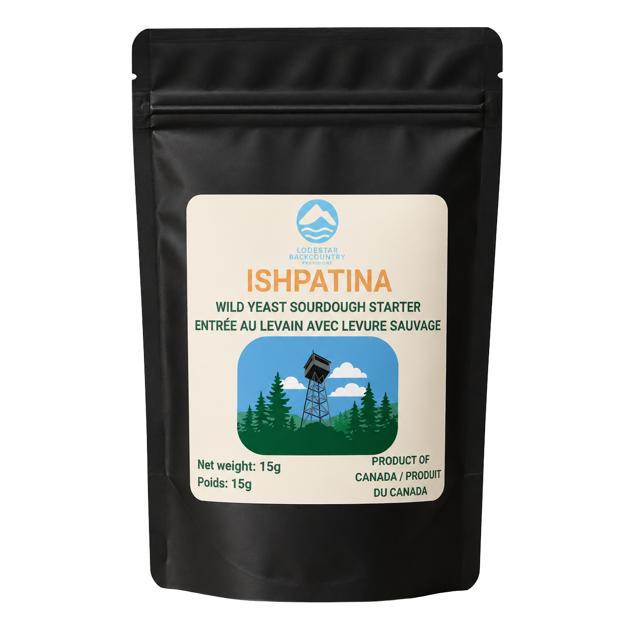 A black resealable stand-up pouch of Lodestar Adventures Ishpatina Wild Yeast Sourdough Starter, featuring a cream-colored label with product details and a small illustration of the Ishpatina Ridge fire tower above a forest.